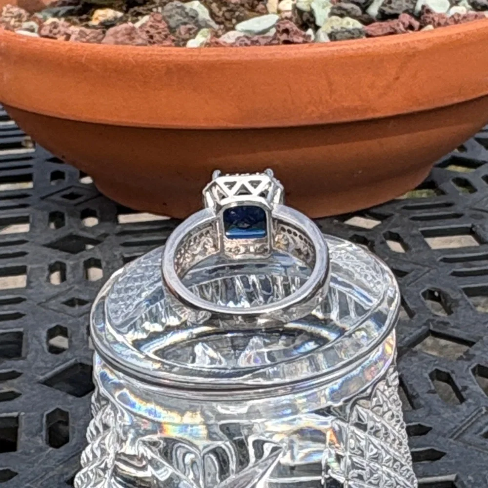 Radiant Cut 3.10 ct Lab Created Sapphire Ring Blue & White Sterling Size 7